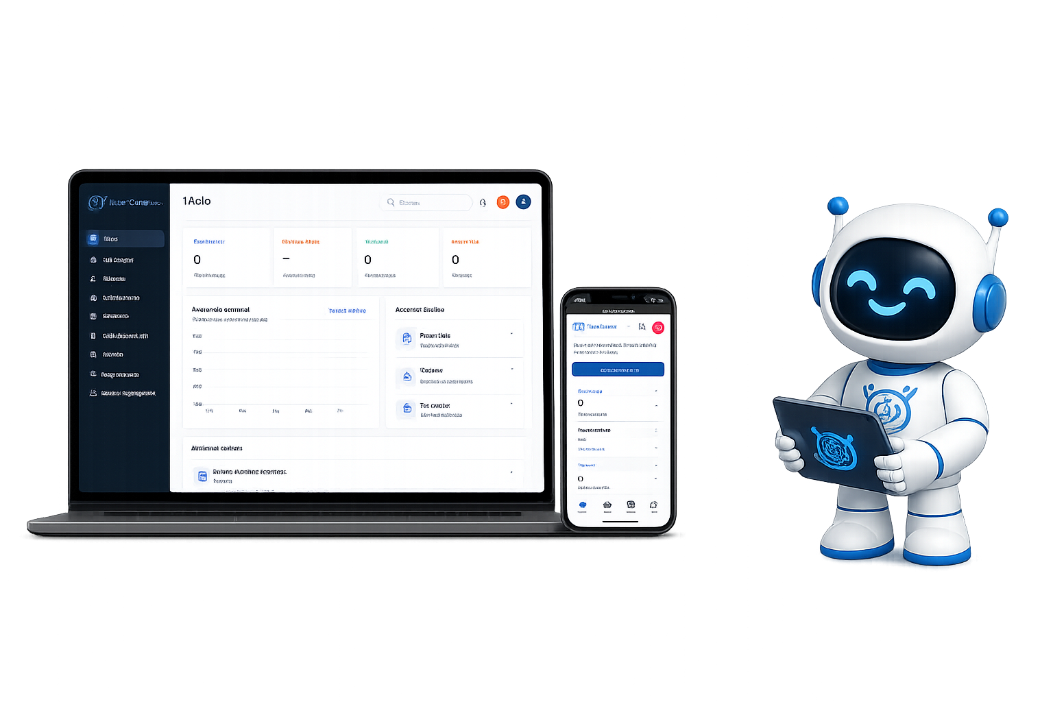 EducConet — Dashboard en laptop y celular con robot mascota